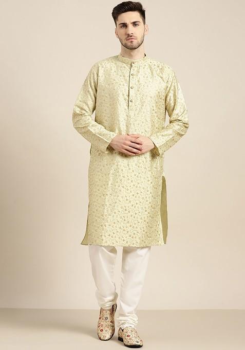 Green Floral Print Poly Blend Kurta Set For Men