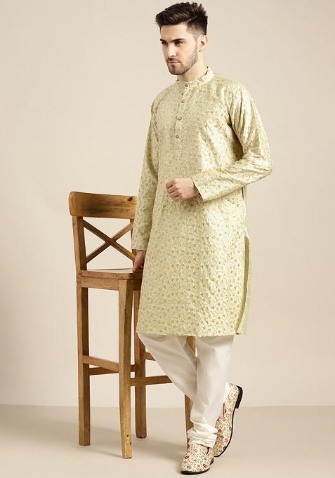 Green Floral Print Poly Blend Kurta Set For Men