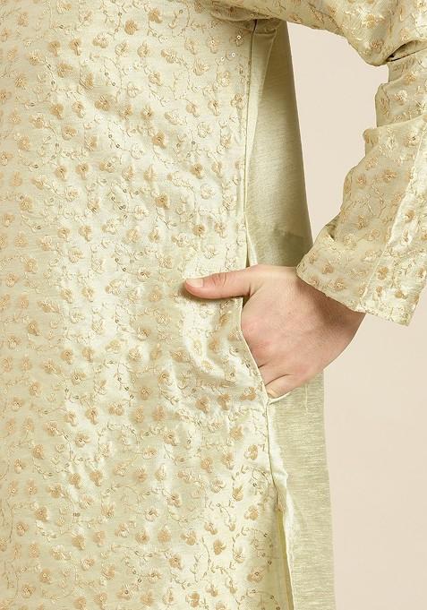 Green Floral Print Poly Blend Kurta Set For Men