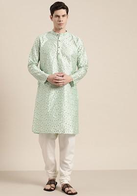 Sea Green Floral Print Poly Blend Kurta Set For Men
