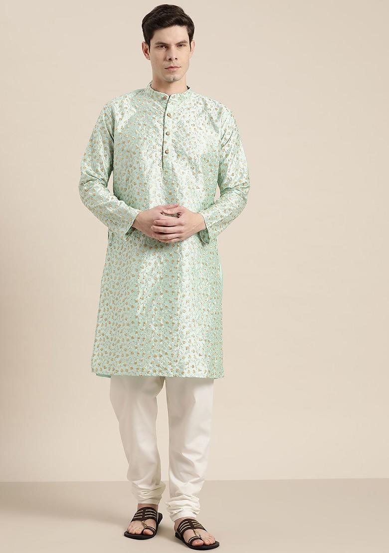 Sea Green Floral Print Poly Blend Kurta Set For Men
