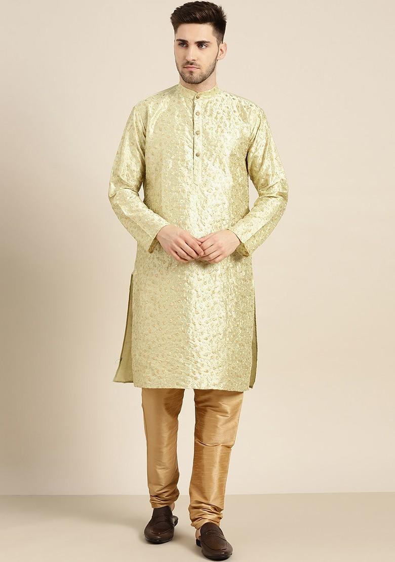 Green Floral Print Poly Blend Kurta Set For Men
