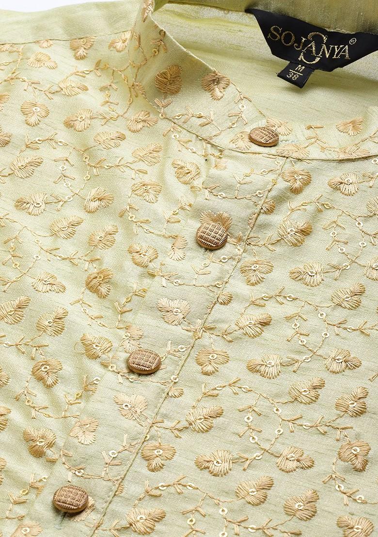 Green Floral Print Poly Blend Kurta Set For Men