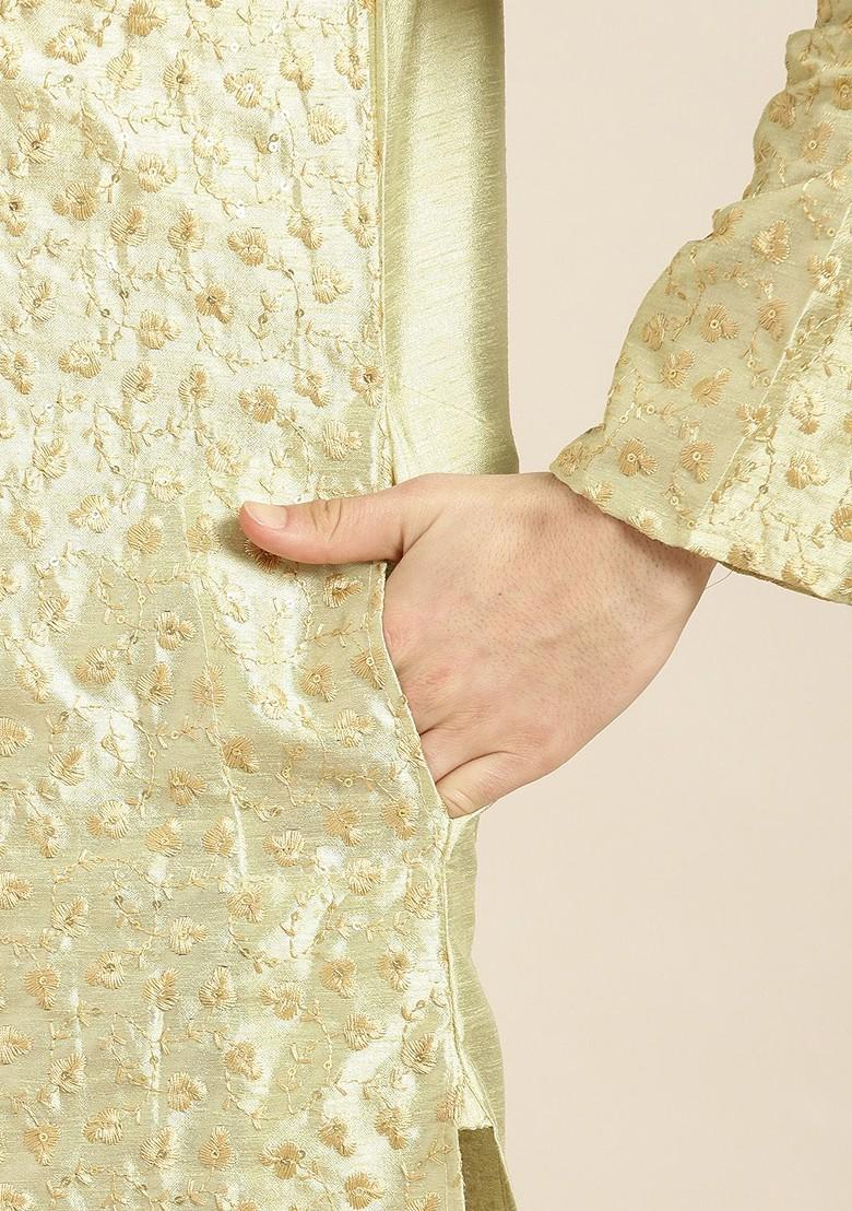 Green Floral Print Poly Blend Kurta Set For Men