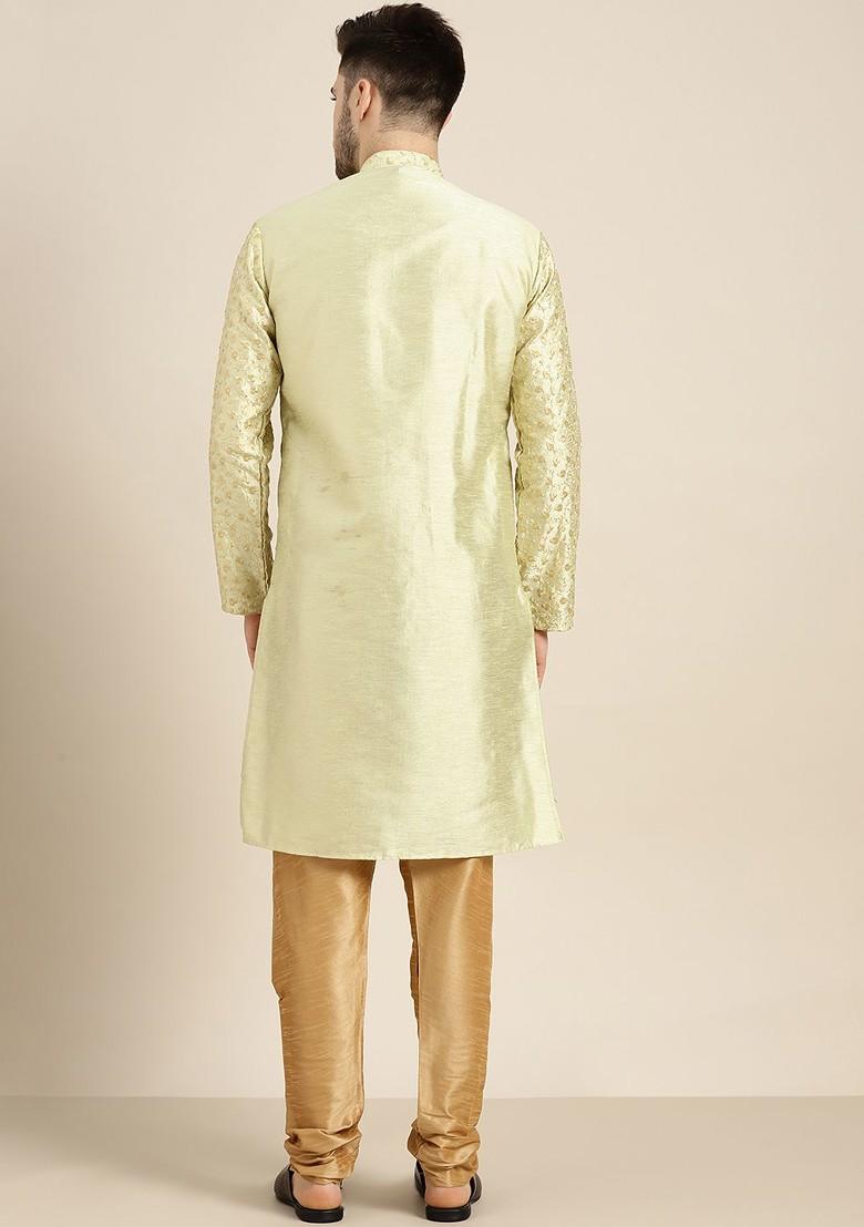 Green Floral Print Poly Blend Kurta Set For Men