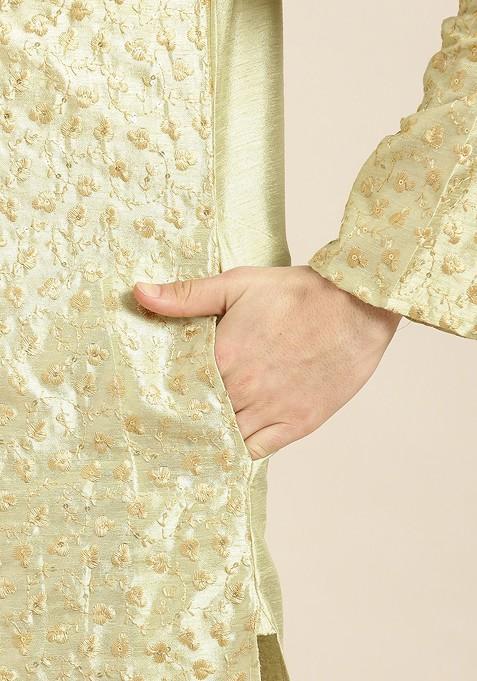 Green Floral Print Poly Blend Kurta Set For Men