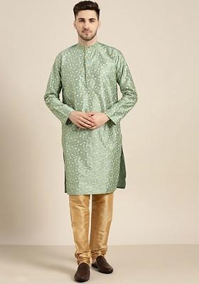 Green Floral Print Poly Blend Kurta Set For Men
