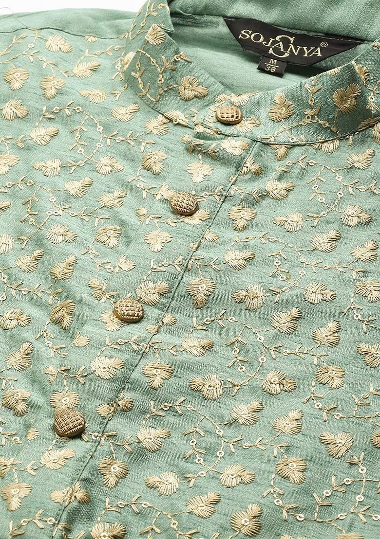 Green Floral Print Poly Blend Kurta Set For Men