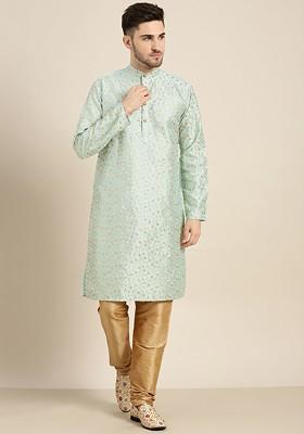 Sea Green Floral Print Poly Blend Kurta Set For Men
