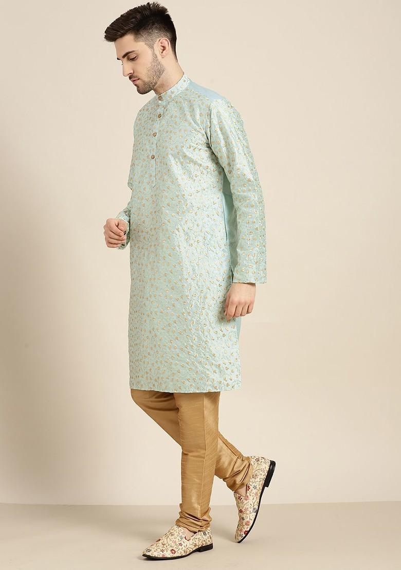 Sea Green Floral Print Poly Blend Kurta Set For Men
