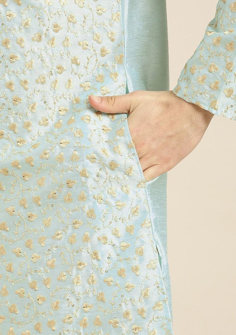 Sea Green Floral Print Poly Blend Kurta Set For Men