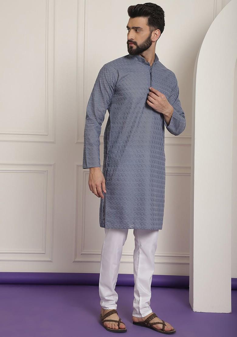 Grey Ethnic Motifs Cotton Kurta Set For Men