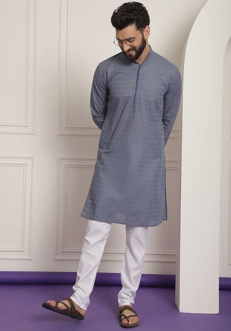 Grey Ethnic Motifs Cotton Kurta Set For Men
