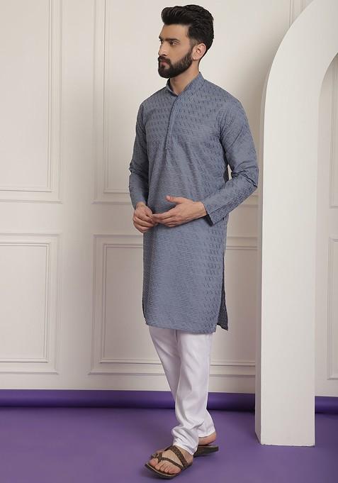 Grey Ethnic Motifs Cotton Kurta Set For Men