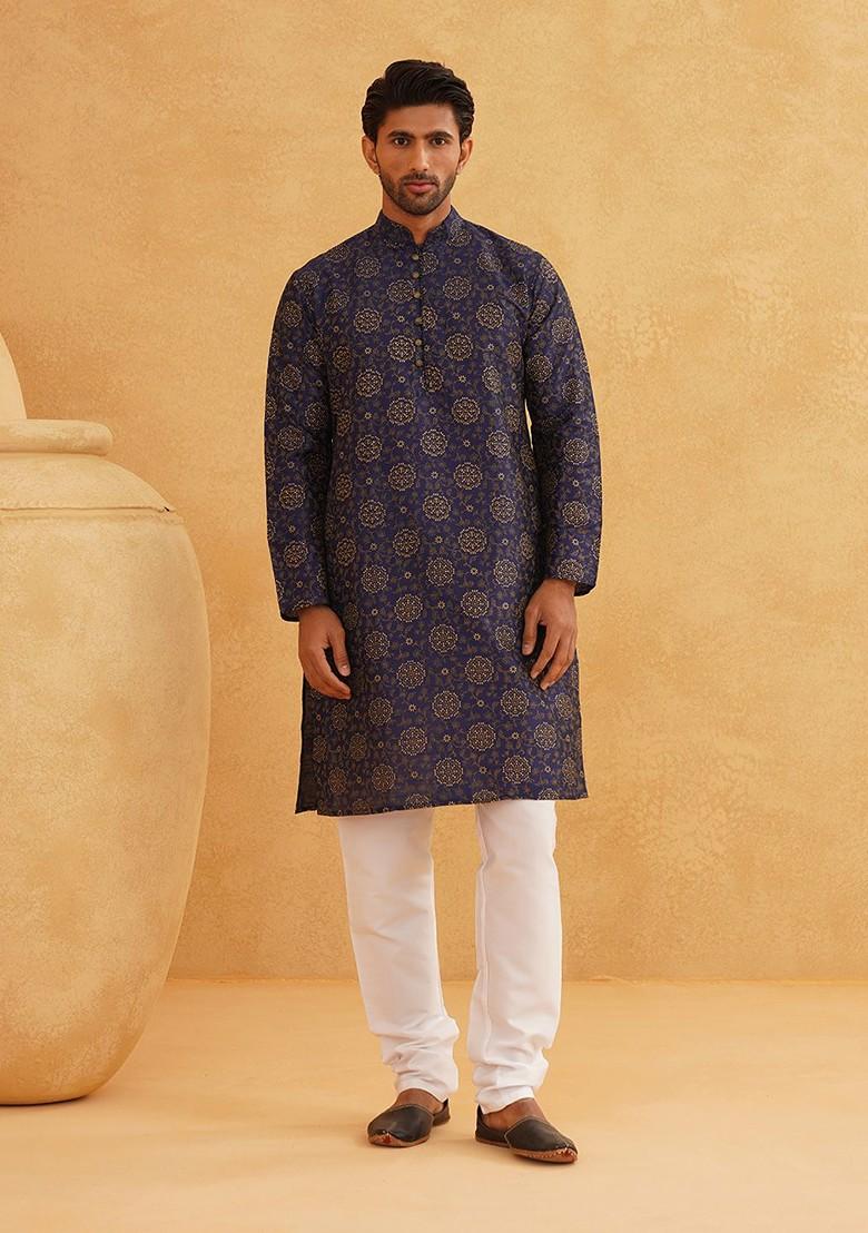 Navy Blue Ethnic Motifs Poly Blend Kurta Set For Men