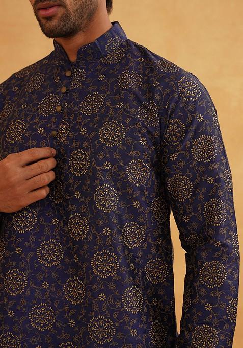 Navy Blue Ethnic Motifs Poly Blend Kurta Set For Men