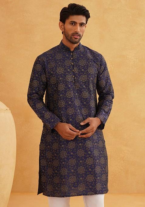 Navy Blue Ethnic Motifs Poly Blend Kurta Set For Men