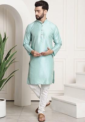 Sea Green Woven Poly Blend Kurta Set For Men