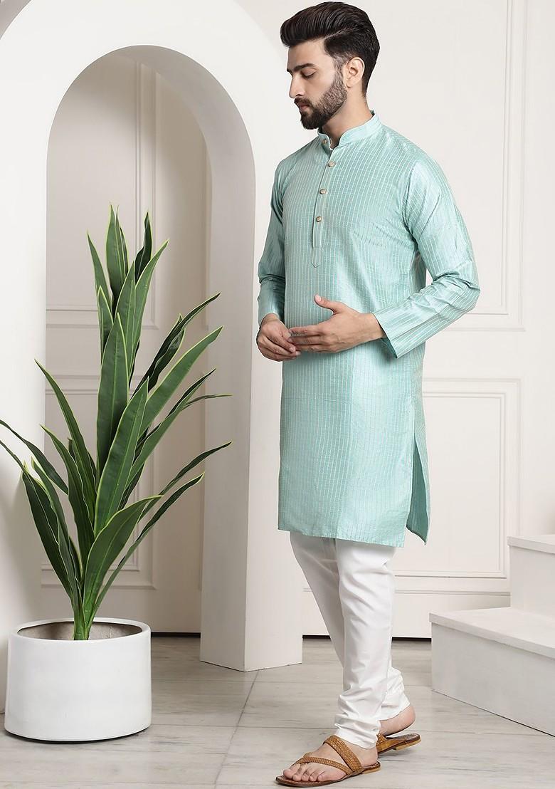 Sea Green Woven Poly Blend Kurta Set For Men