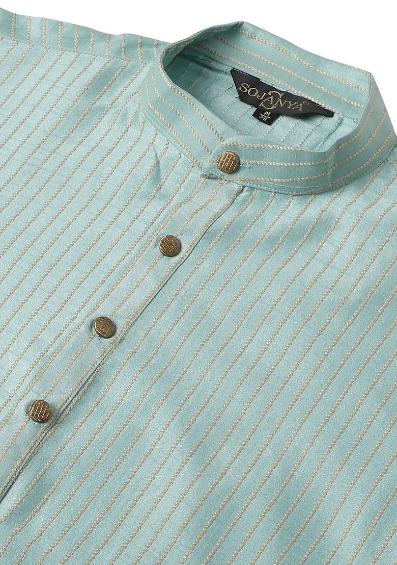 Sea Green Woven Poly Blend Kurta Set For Men
