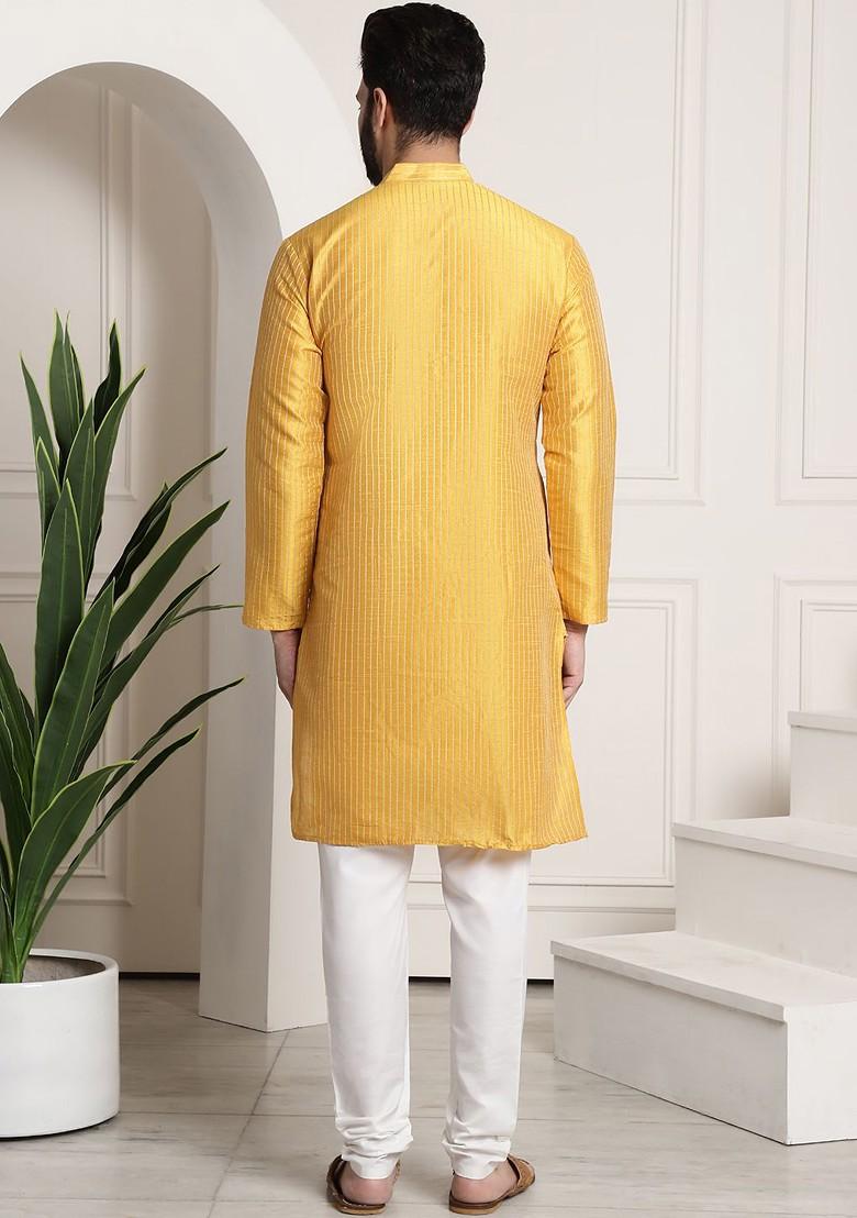 Mustard Woven Poly Blend Kurta Set For Men