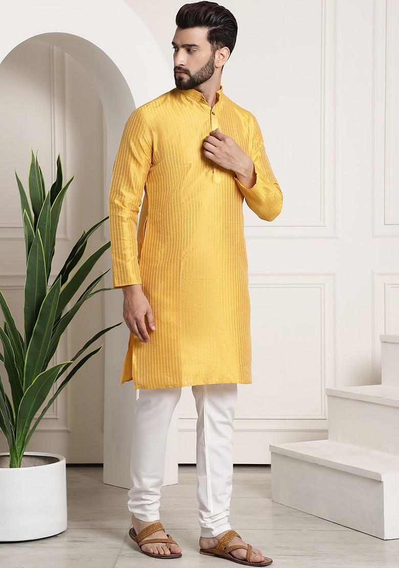 Mustard Woven Poly Blend Kurta Set For Men