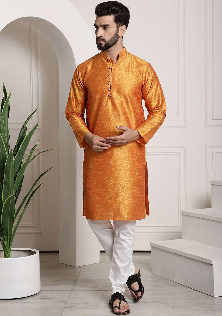 Orange Ethnic Motifs Poly Blend Kurta Set For Men - Indya