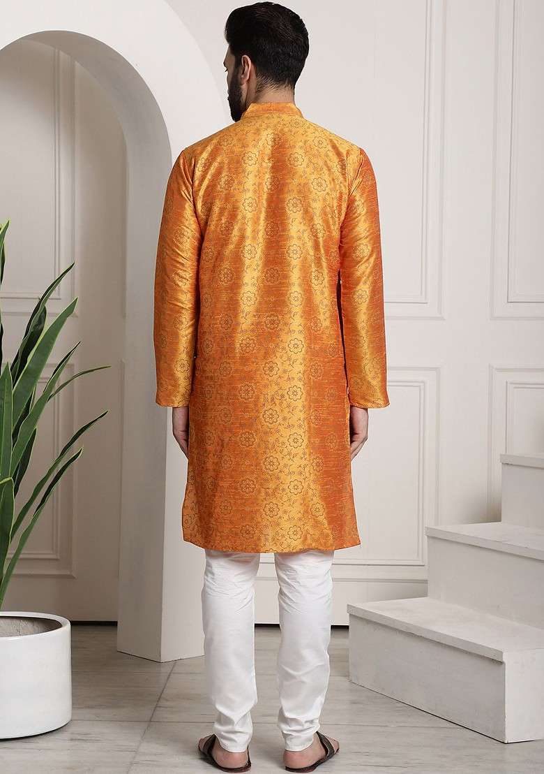 Orange Ethnic Motifs Poly Blend Kurta Set For Men - Indya