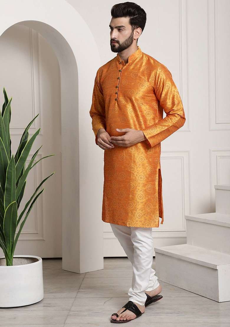 Orange Ethnic Motifs Poly Blend Kurta Set For Men - Indya