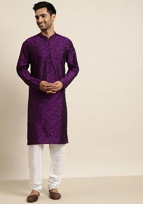 Purple Woven Poly Blend Kurta Set For Men