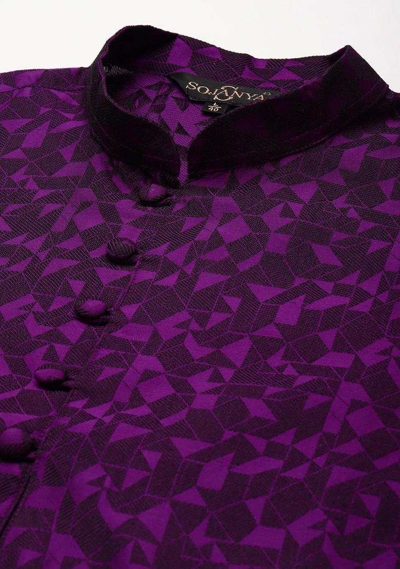 Purple Woven Poly Blend Kurta Set For Men
