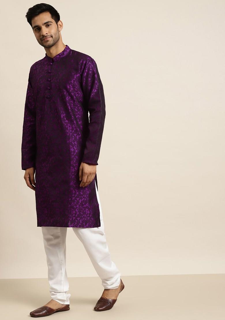 Purple Woven Poly Blend Kurta Set For Men