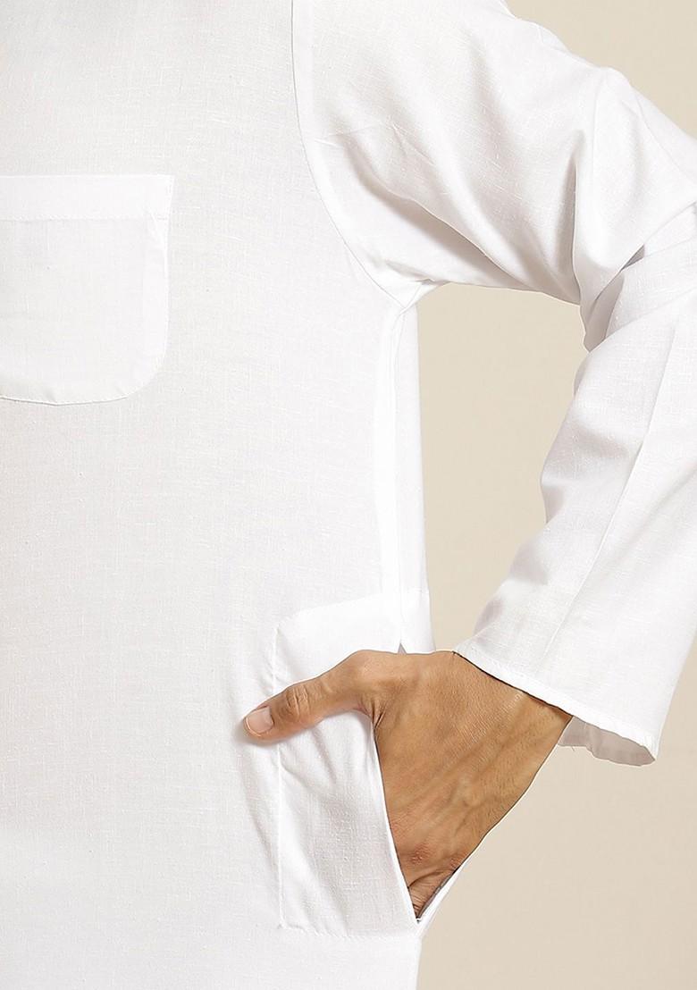 White Solid Poly Blend Kurta Set For Men