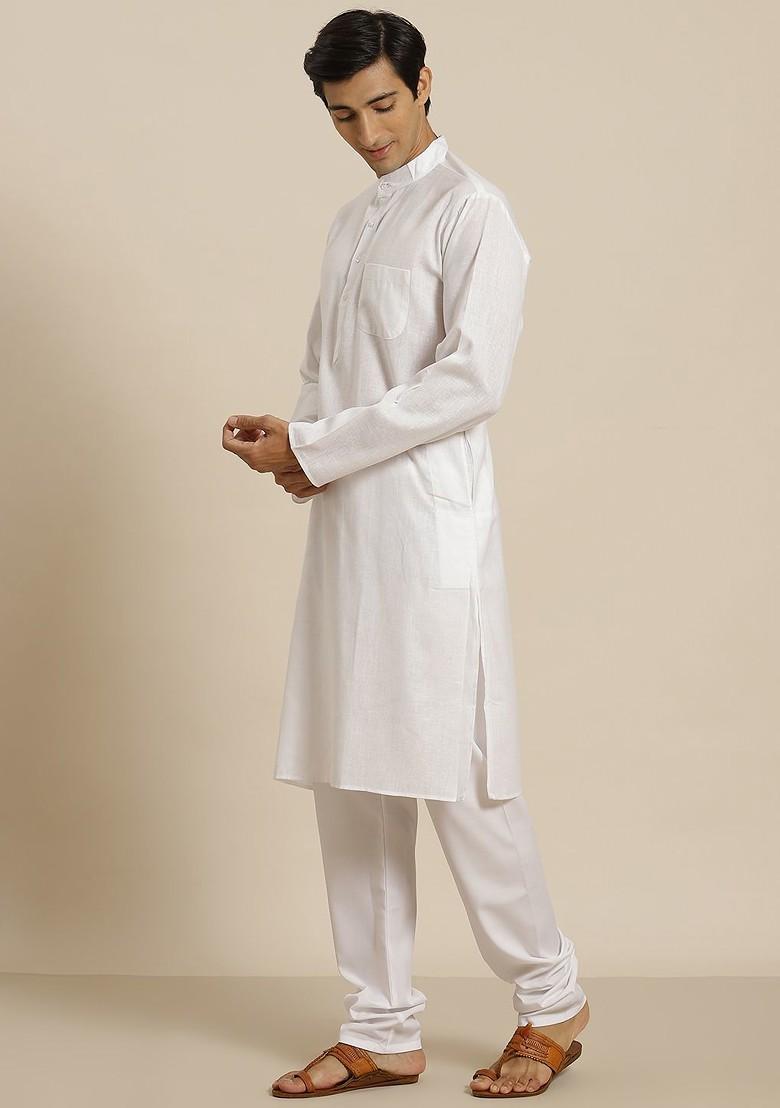 White Solid Poly Blend Kurta Set For Men