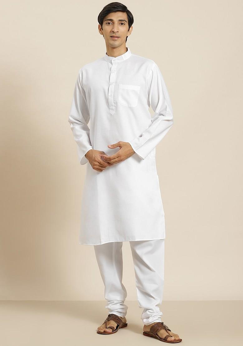 White Solid Poly Blend Kurta Set For Men