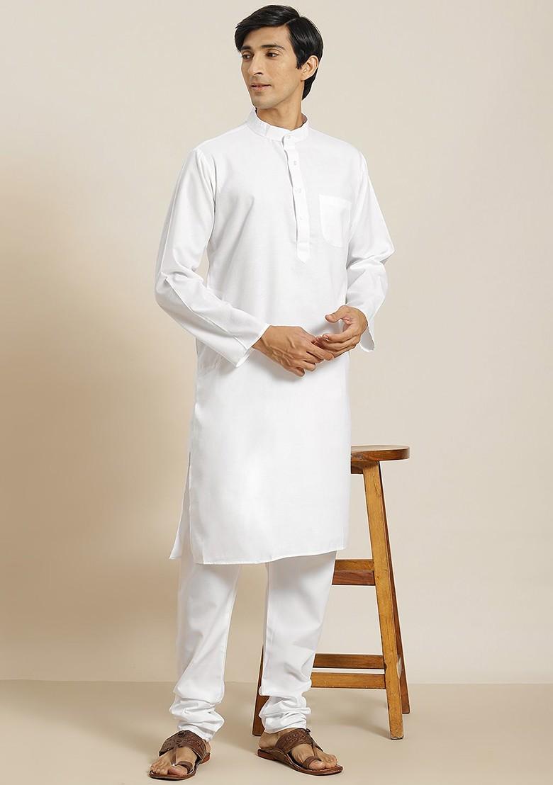 White Solid Poly Blend Kurta Set For Men