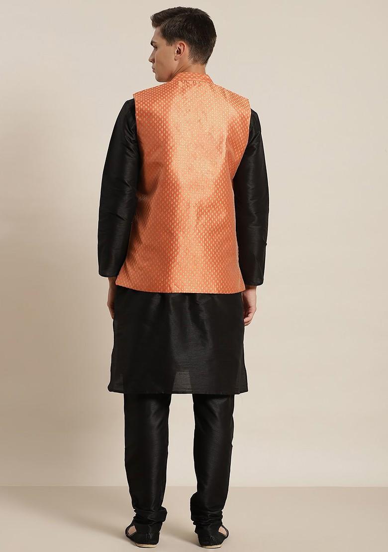 Black Solid Poly Blend Kurta Set For Men