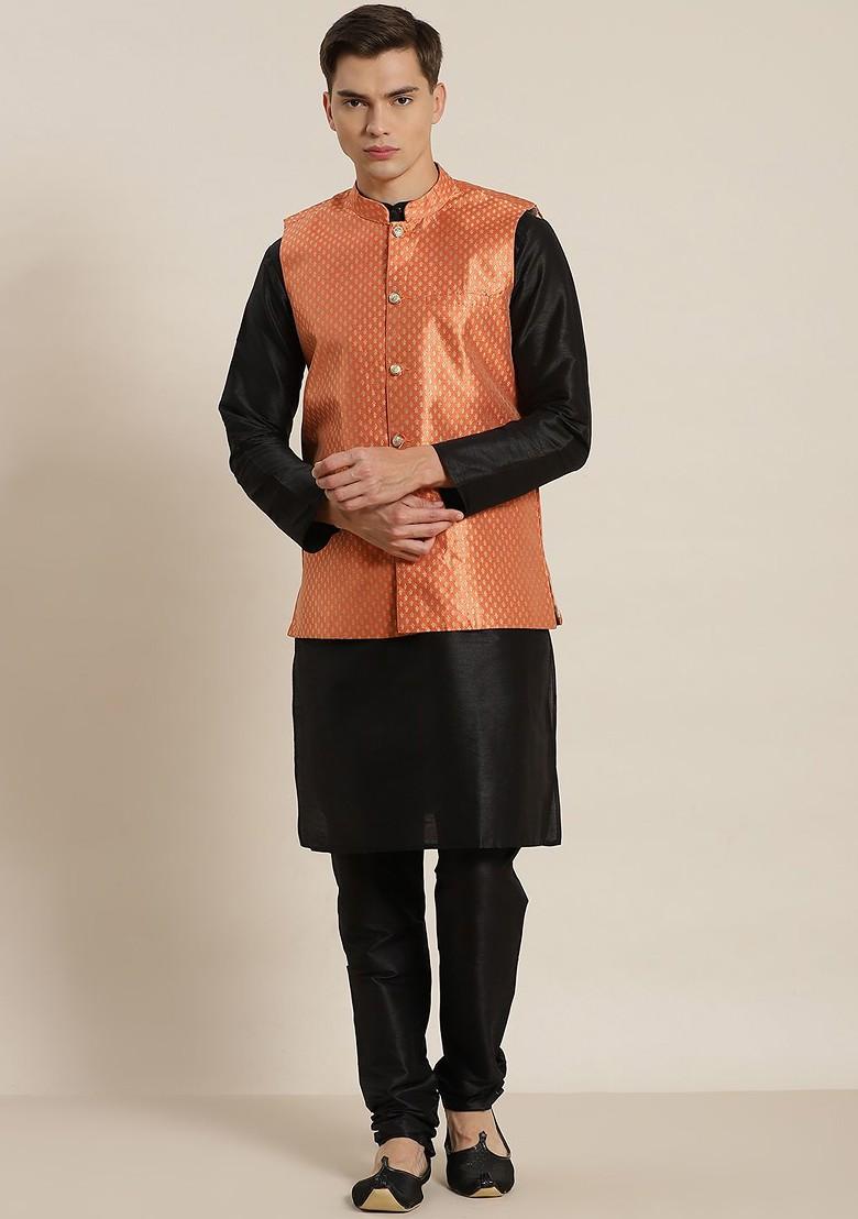 Black Solid Poly Blend Kurta Set For Men