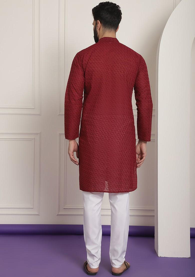 Maroon Embroidered Cotton Kurta Set For Men