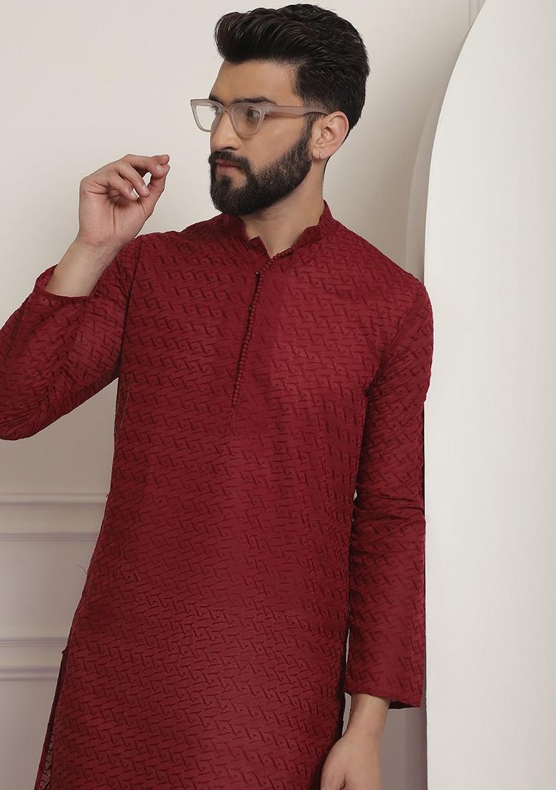 Maroon Embroidered Cotton Kurta Set For Men