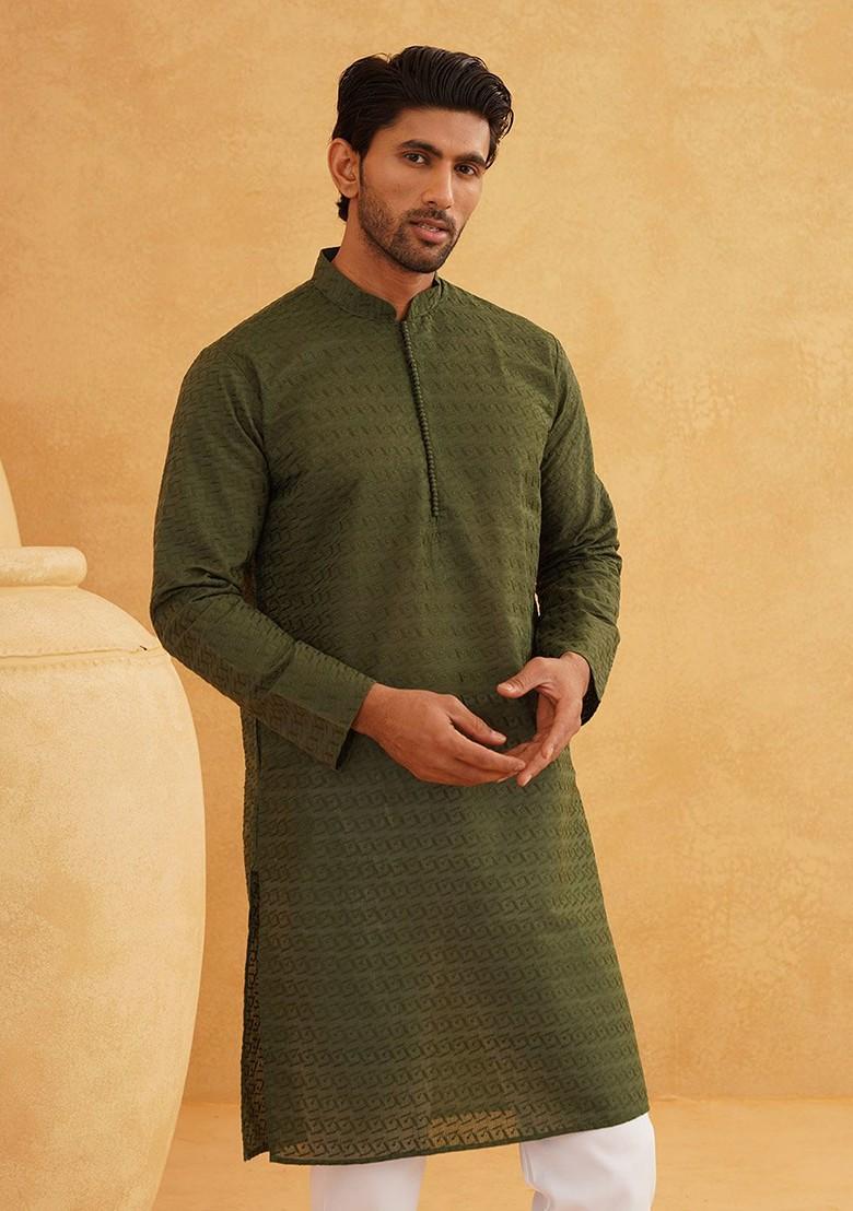 Green Embroidered Cotton Kurta Set For Men