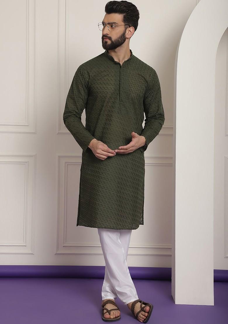 Green Embroidered Cotton Kurta Set For Men