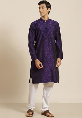 Purple Woven Poly Blend Kurta Set For Men