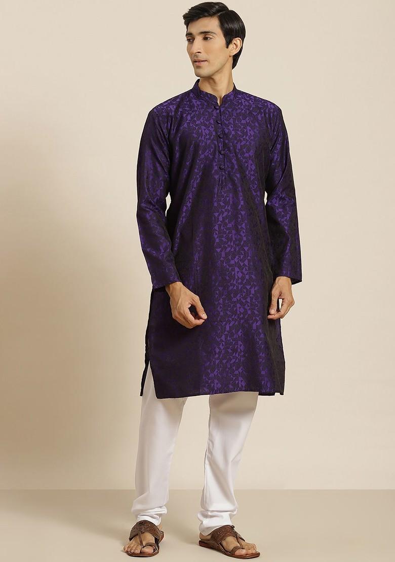 Purple Woven Poly Blend Kurta Set For Men