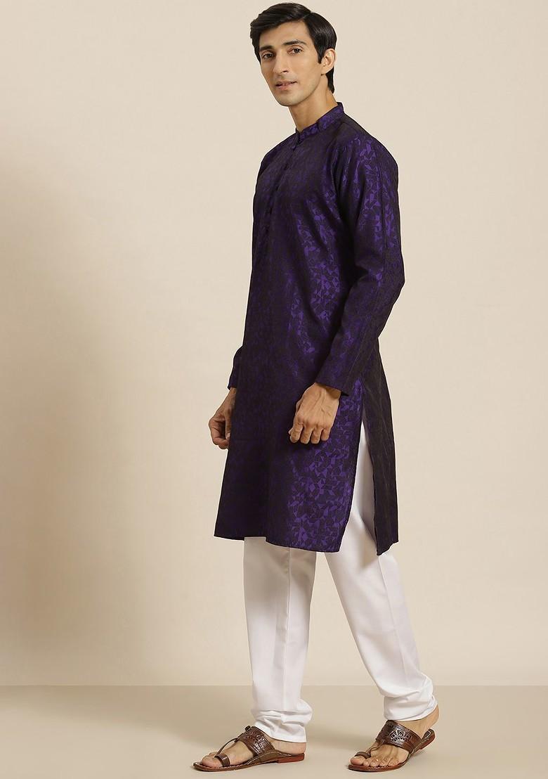 Purple Woven Poly Blend Kurta Set For Men