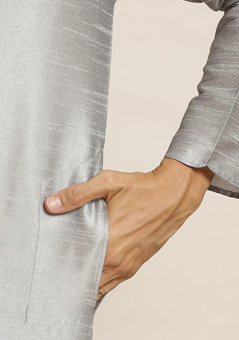 Grey Solid Poly Blend Kurta Set For Men