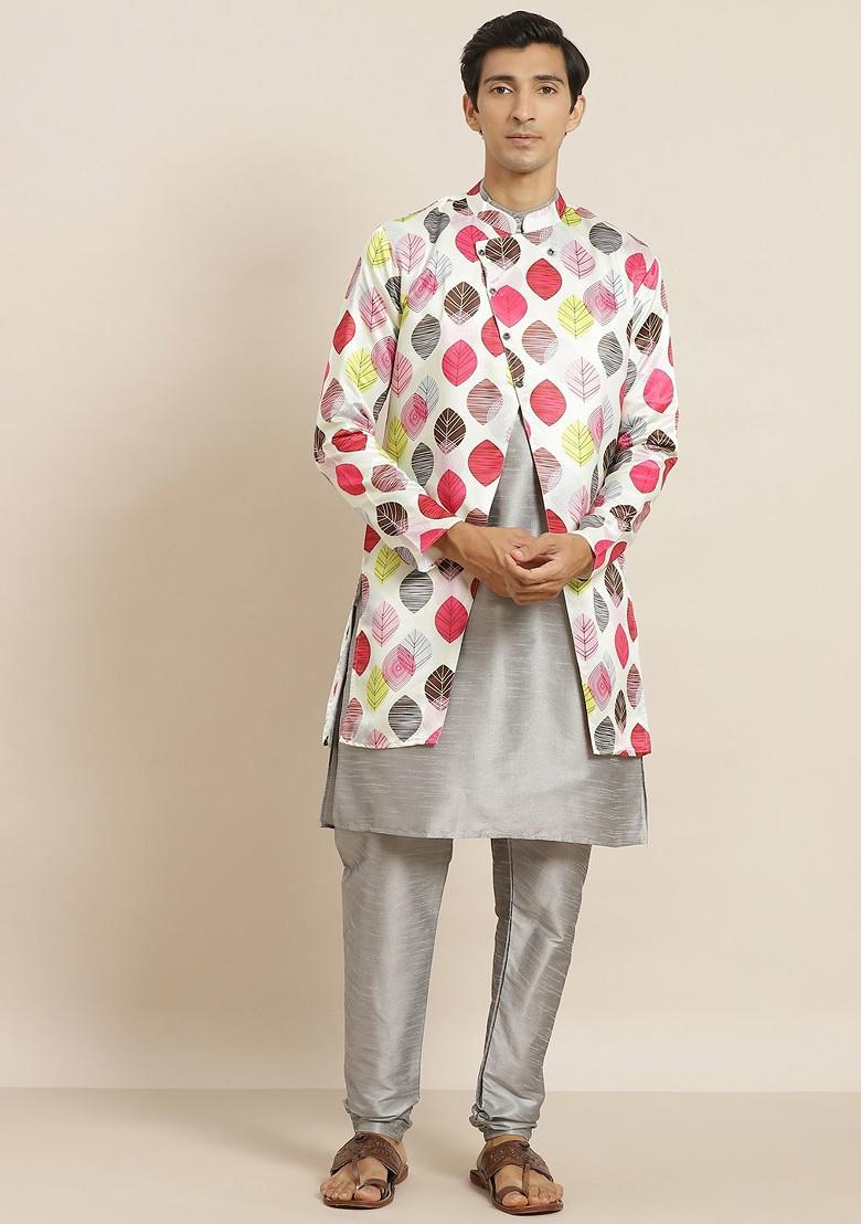 Grey Solid Poly Blend Kurta Set For Men