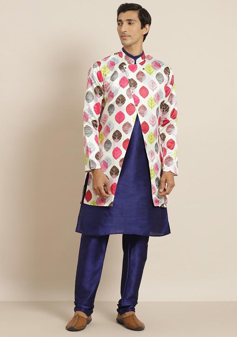 Navy Blue Solid Poly Blend Kurta Set For Men