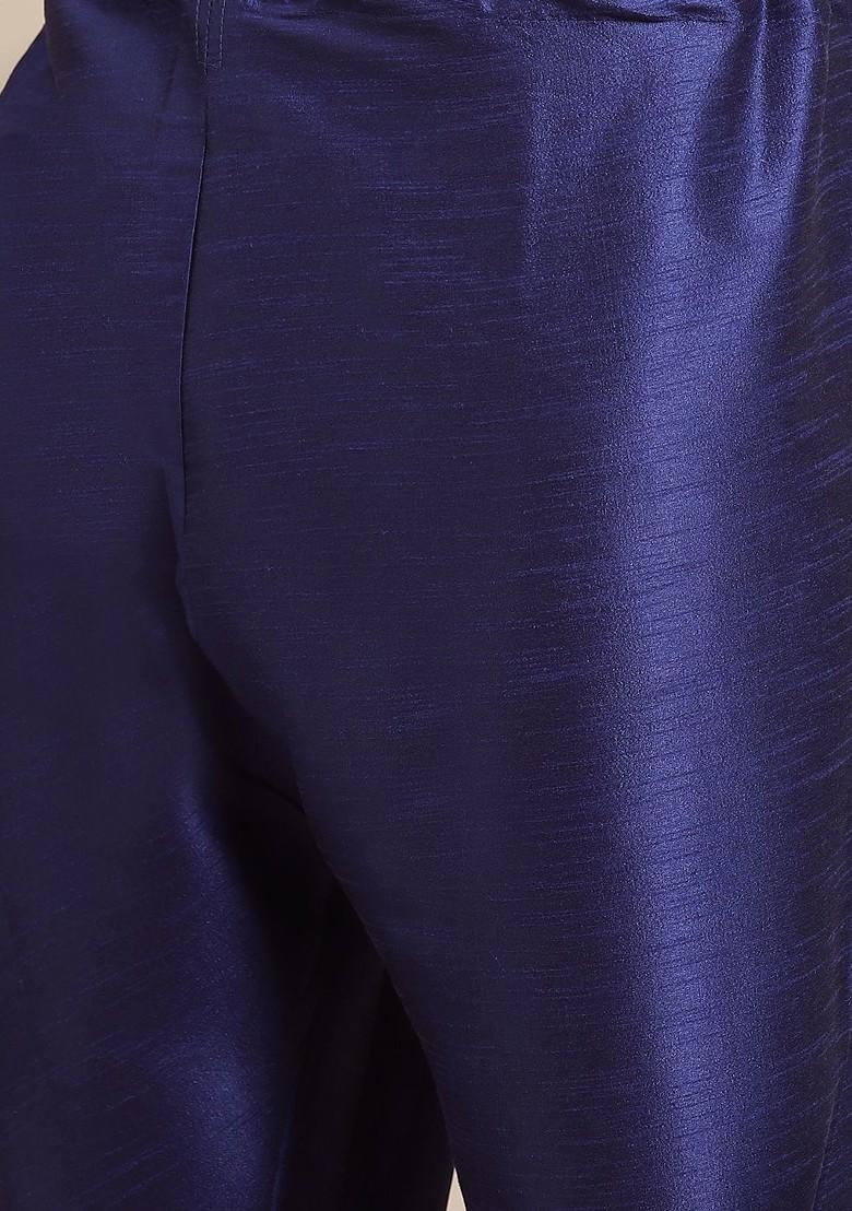 Navy Blue Solid Poly Blend Kurta Set For Men