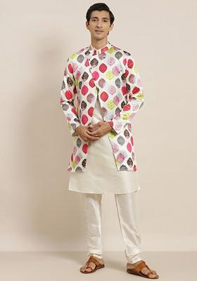 Off White Printed Poly Blend Kurta Set For Men